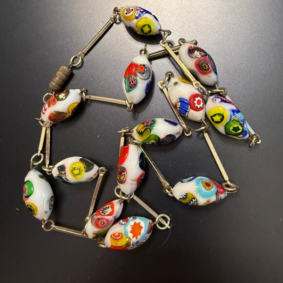 Vintage White Millefiori Murano Art Glass Gold Tone Necklace - Picture 7 of 10